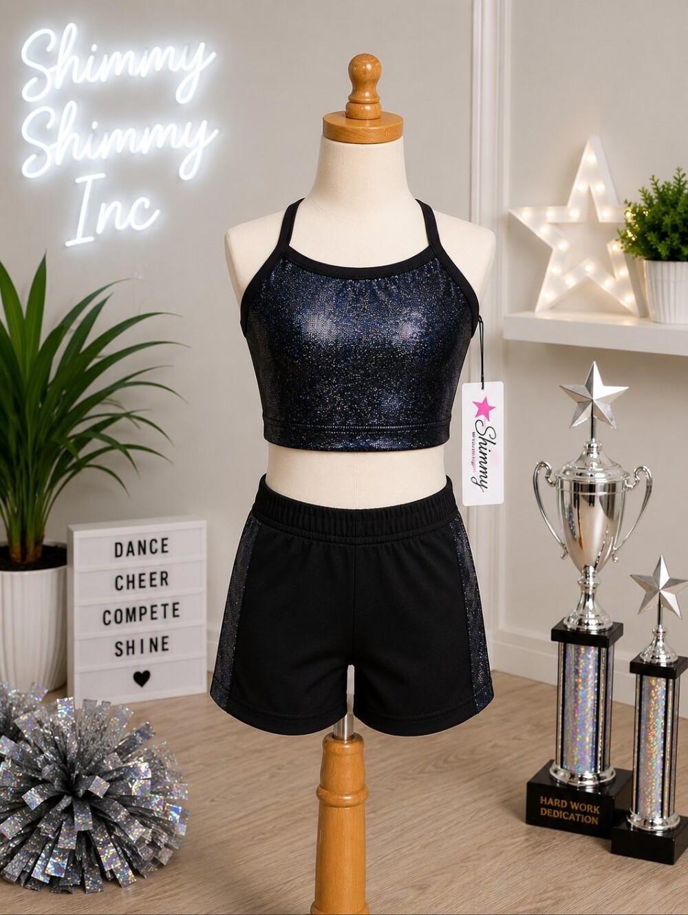 Shimmy Shimmy Inc Black Hologram Dance crop top and short Set NWT Cheer Gym
